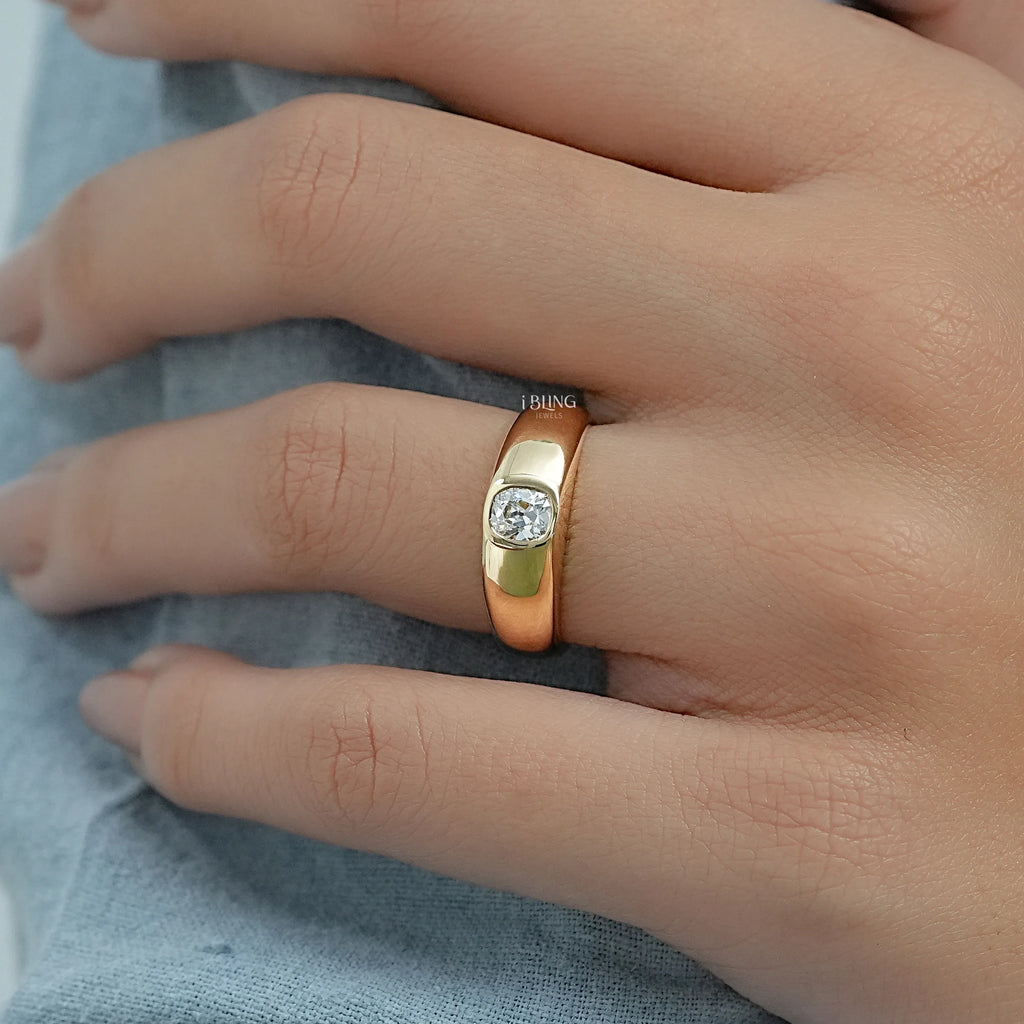 Flush Set Old Mine Cushion Cut Diamond Engagement Ring