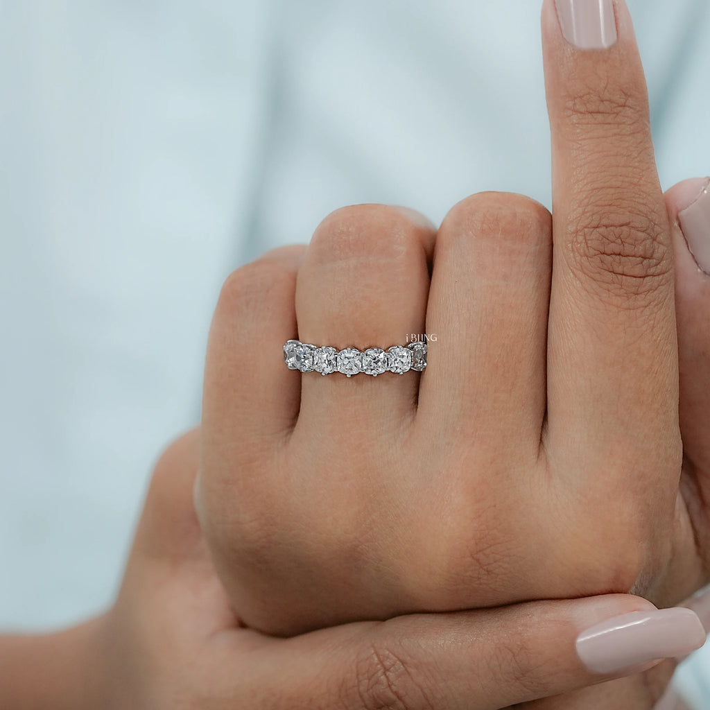 Old Mine Cushion Cut Lab Diamond Half Eternity Wedding Band