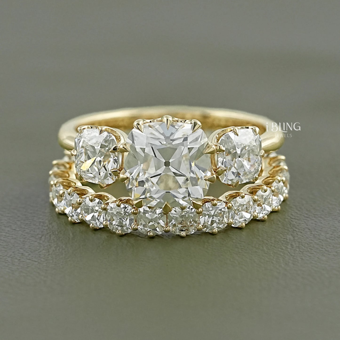 Old Mine Cushion Lab Made Diamond Bridal Ring Set Bridal Ring Set