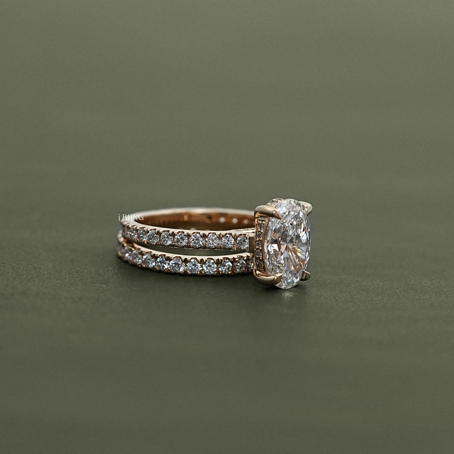 Side angle of Oval Cut Lab Diamond Bridal Set Ring with pave bands, crafted for modern bridal style