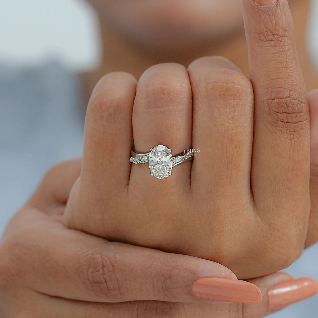 Oval Cut Diamond Solitaire Accent Engagement Ring