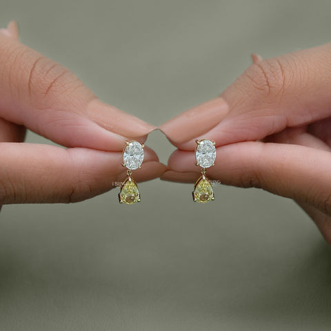 Oval Lab Diamond & Pear Yellow Diamond Dangle Drop Earrings