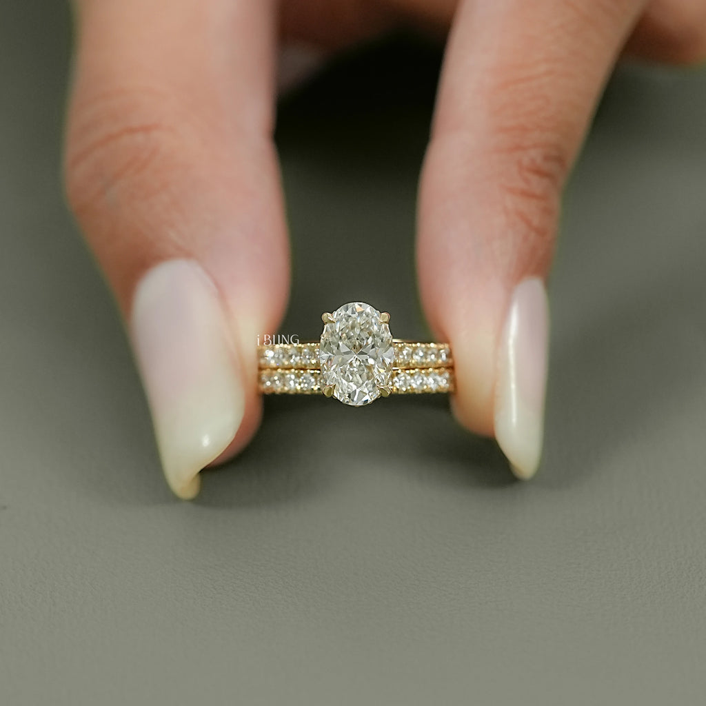 Oval Cut Lab Diamond Solitaire Accent Bridal Ring Set
