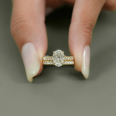Oval Cut Lab Diamond Solitaire Accent Bridal Ring Set