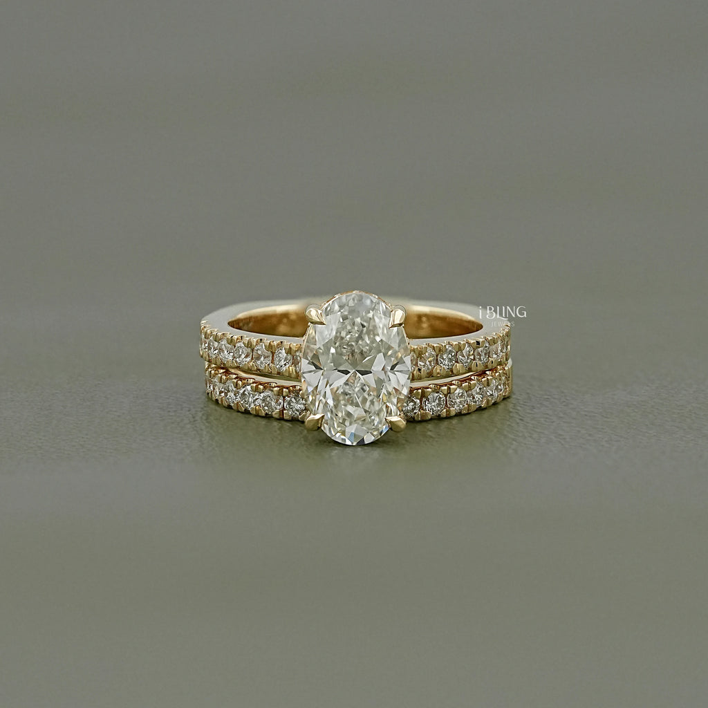 Oval Cut Lab Diamond Solitaire Accent Bridal Ring Set