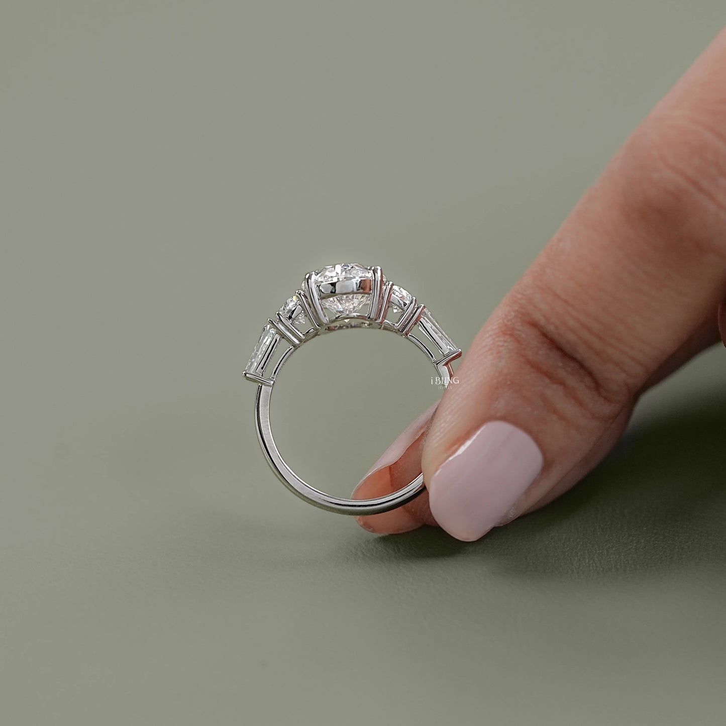 Top view of Half Moon Diamond Five Stone Ring with Oval cut, best for engagement and bridal collection
