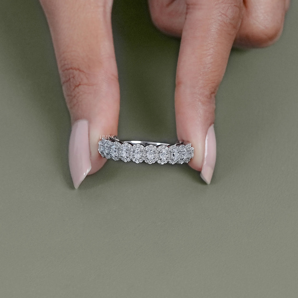 Oval Cut Lab Grown Diamond Halo Half Eternity Wedding Band