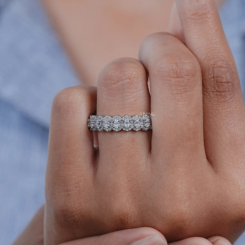 Oval Cut Lab Grown Diamond Halo Half Eternity Wedding Band