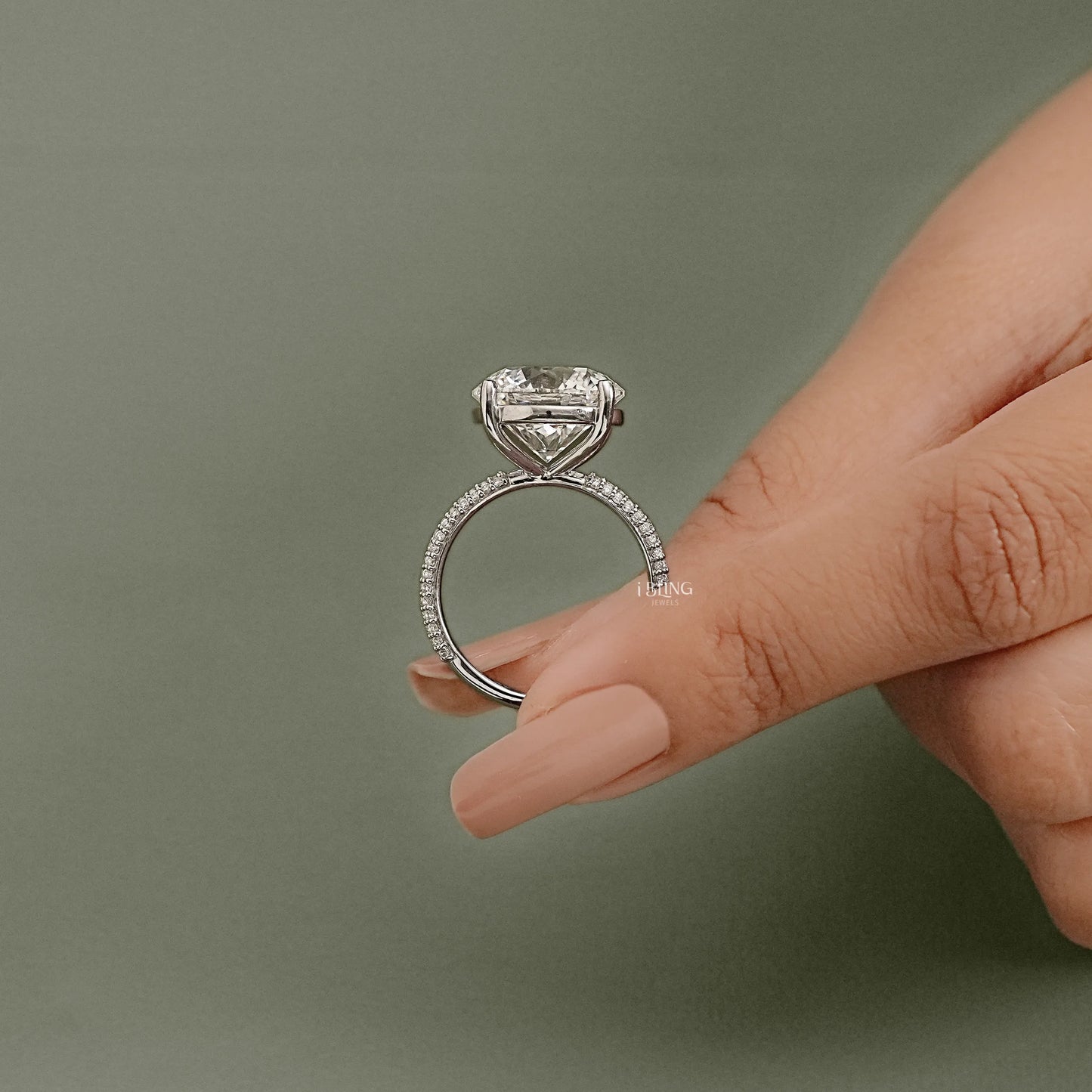 Round Lab Diamond Pave Engagement Ring Solitaire Accent Ring