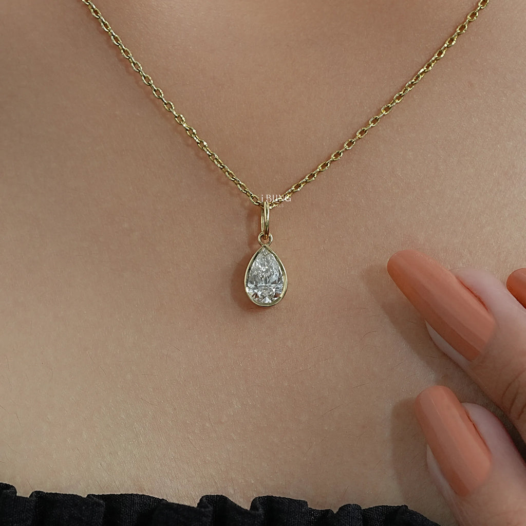 Pear Cut Lab Diamond Bezel Set Solitaire Necklace