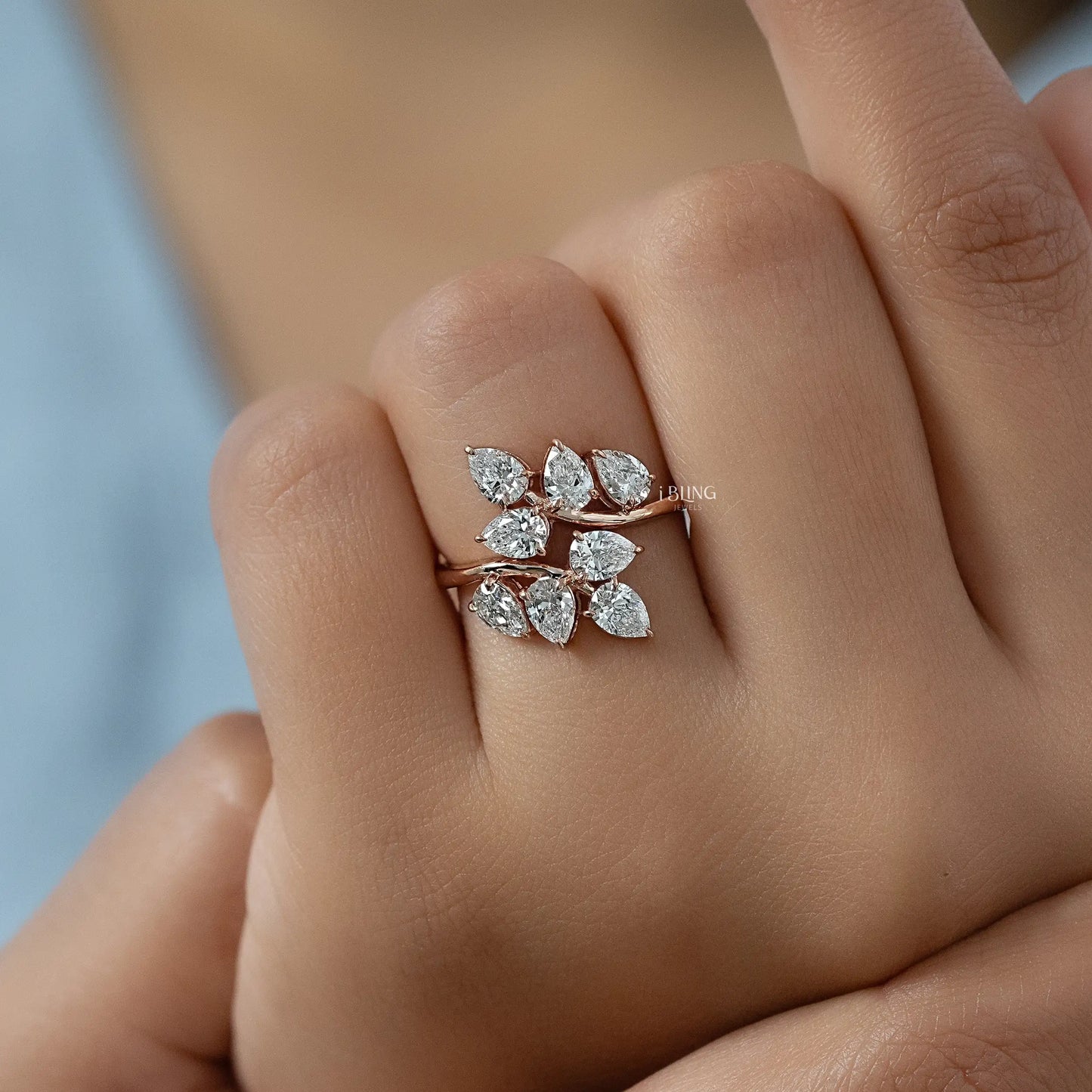 Pear Shaped Lab Diamond Cluster Set Bypass Ring Solitaire Ring