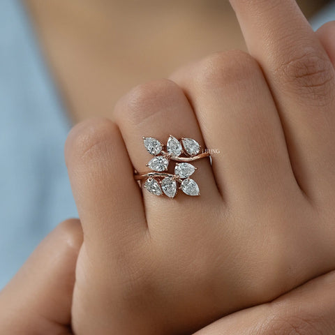 Pear Shaped Lab Diamond Cluster Set Bypass Ring