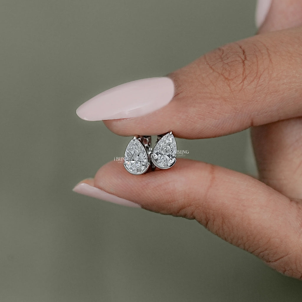 Pear Diamond Half Bezel Huggie Hoop Earrings