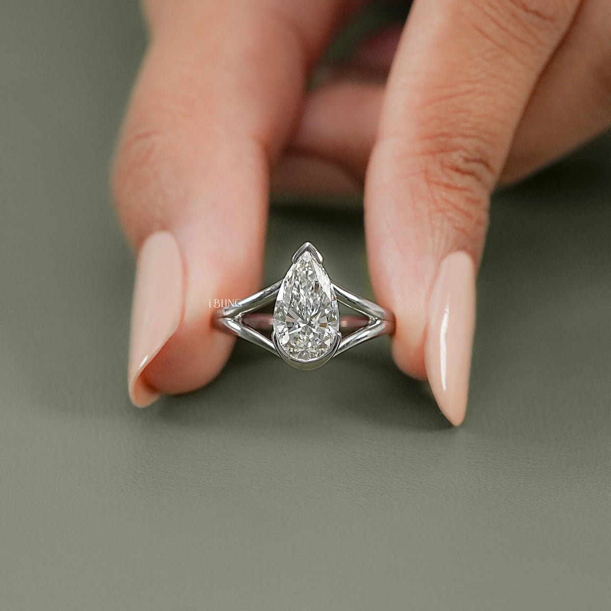 Pear Cut Lab Diamond Split Shank Engagement Ring Solitaire Ring