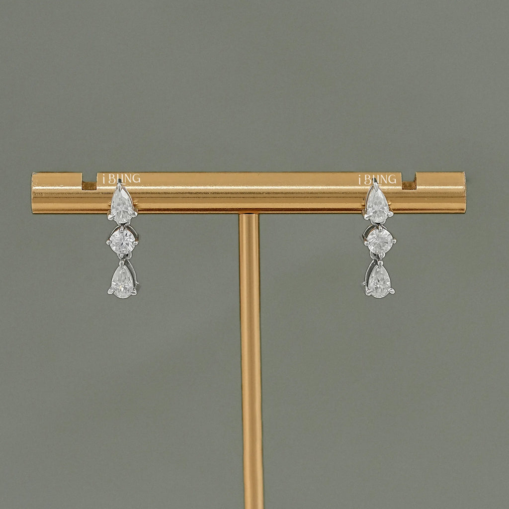 Three Stone Pear Lab Diamond Dangle Drop Earrings