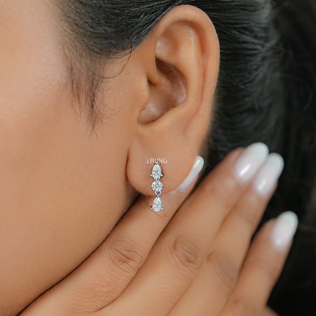 Three Stone Pear Lab Diamond Dangle Drop Earrings