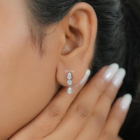 Three Stone Pear Lab Diamond Dangle Drop Earrings