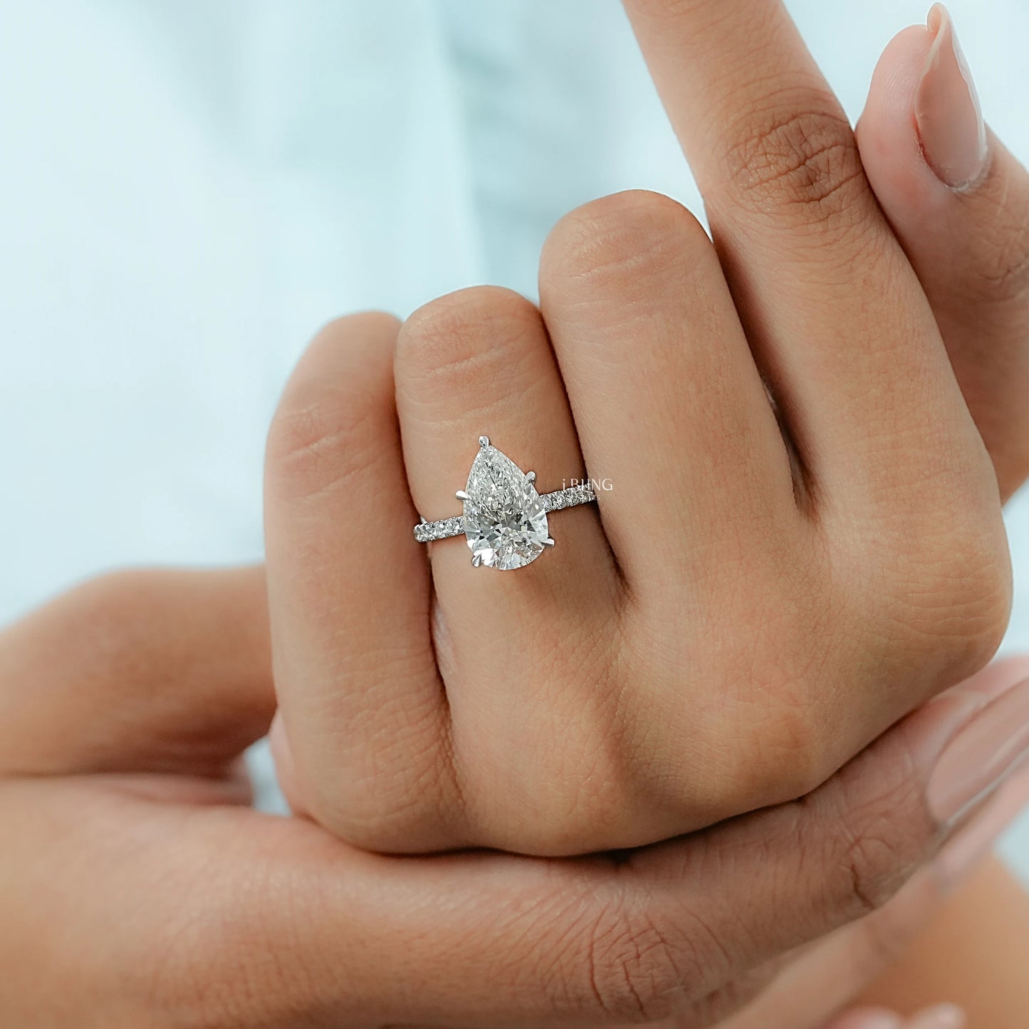 Pear Cut Lab Diamond Hidden Halo Accent Ring
