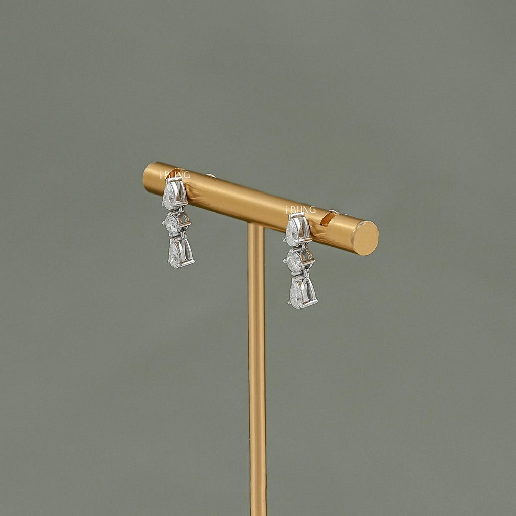 Three Stone Pear Lab Diamond Dangle Drop Earrings