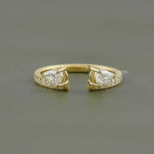 Pear Cut Lab Grown Diamond Open Cuff Wedding Band Two Stone Ring