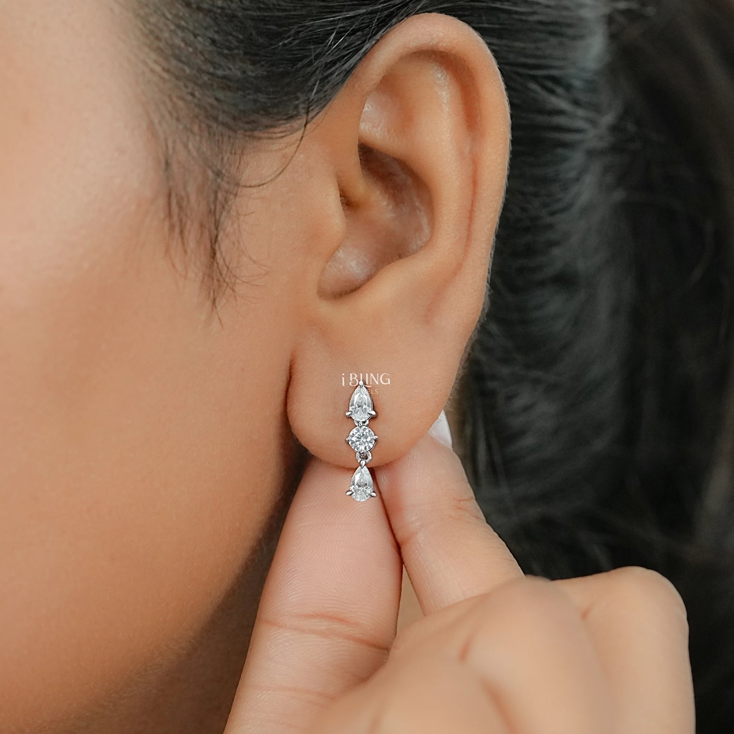 Three Stone Pear Lab Diamond Dangle Drop Earrings