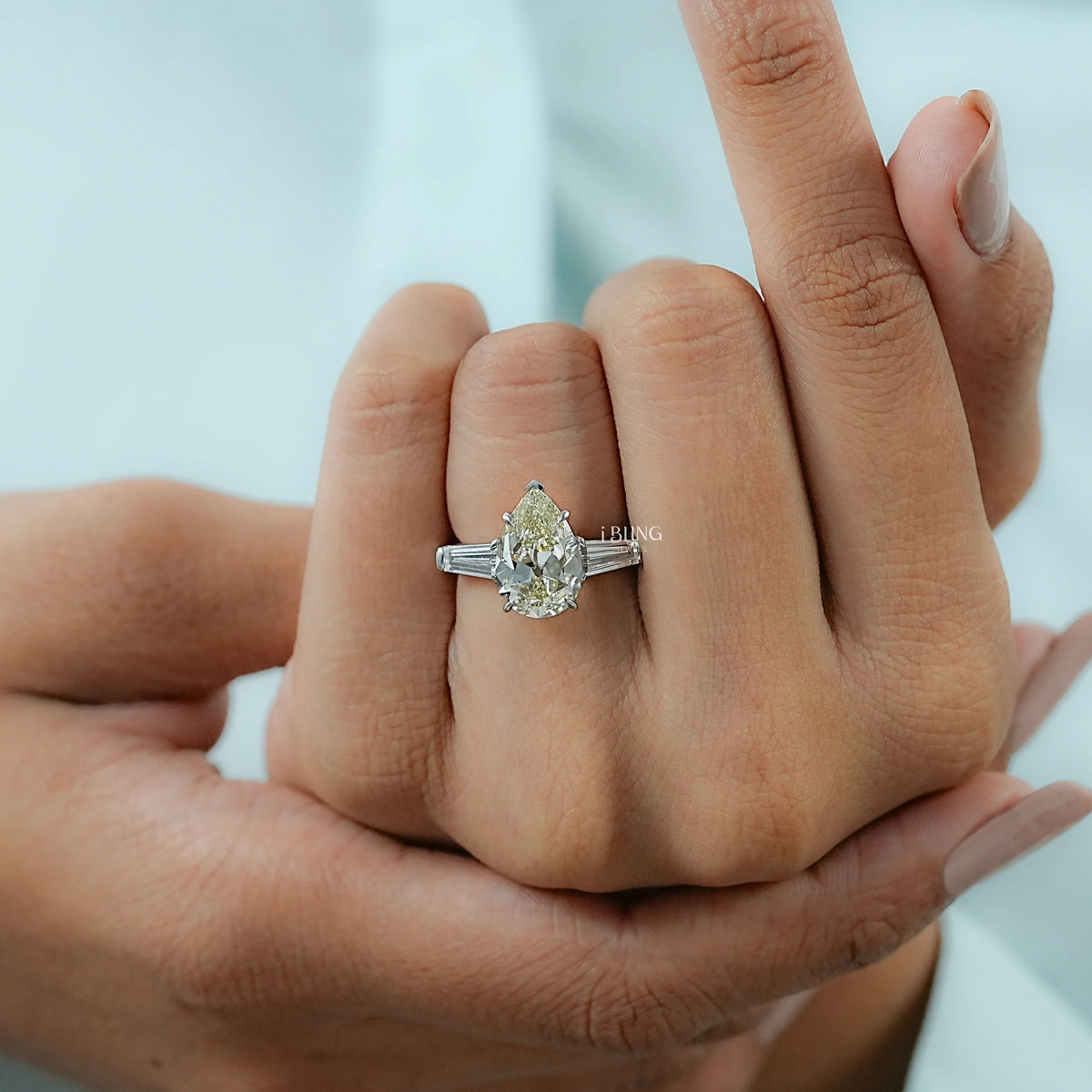 Old Mine Pear Lab Diamond Three Stone Ring