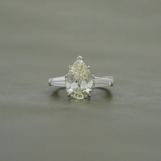 Old Mine Pear Lab Diamond Three Stone Ring