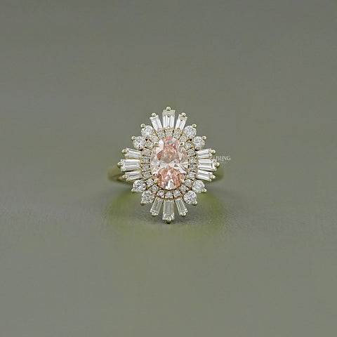 Pink Oval Cut Cluster Set Halo Engagement Ring