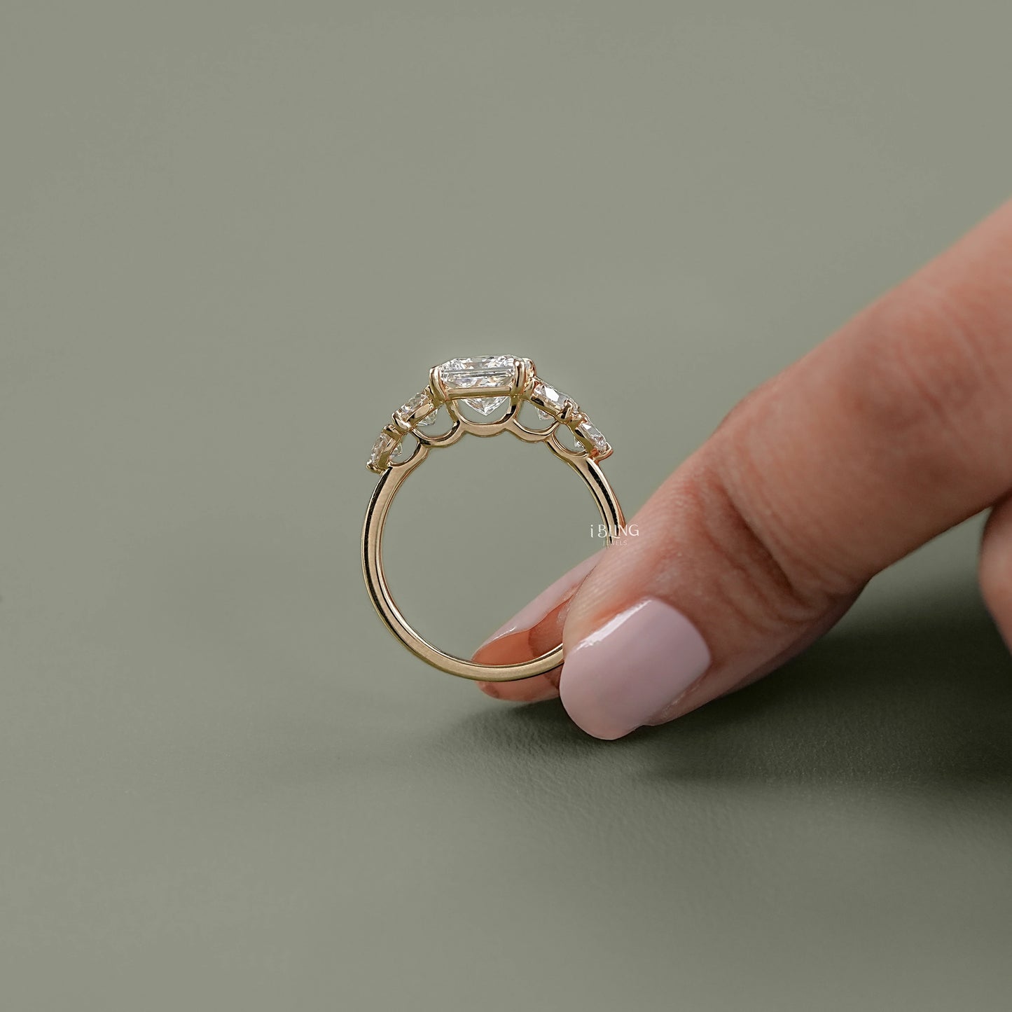 Top view of 5 Stone Lab Grown Diamond Engagement Ring with princess diamond cut, ideal wedding day ring