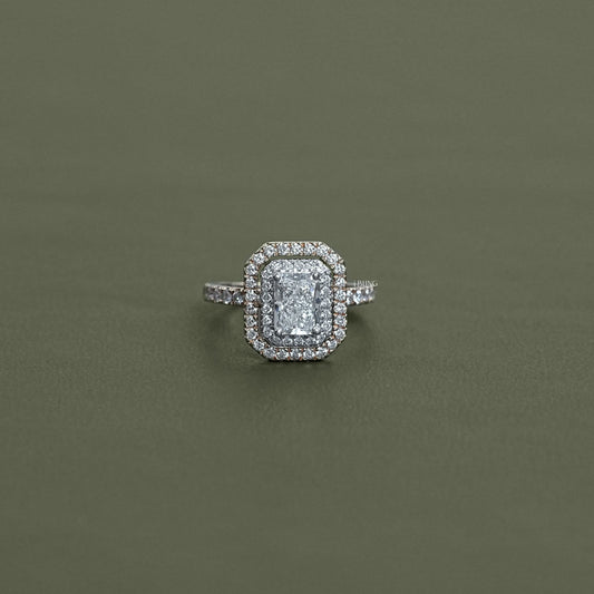 iBling Jewels Radiant Cut Lab Diamond Double Halo Ring shown front facing for bridal shoppers
