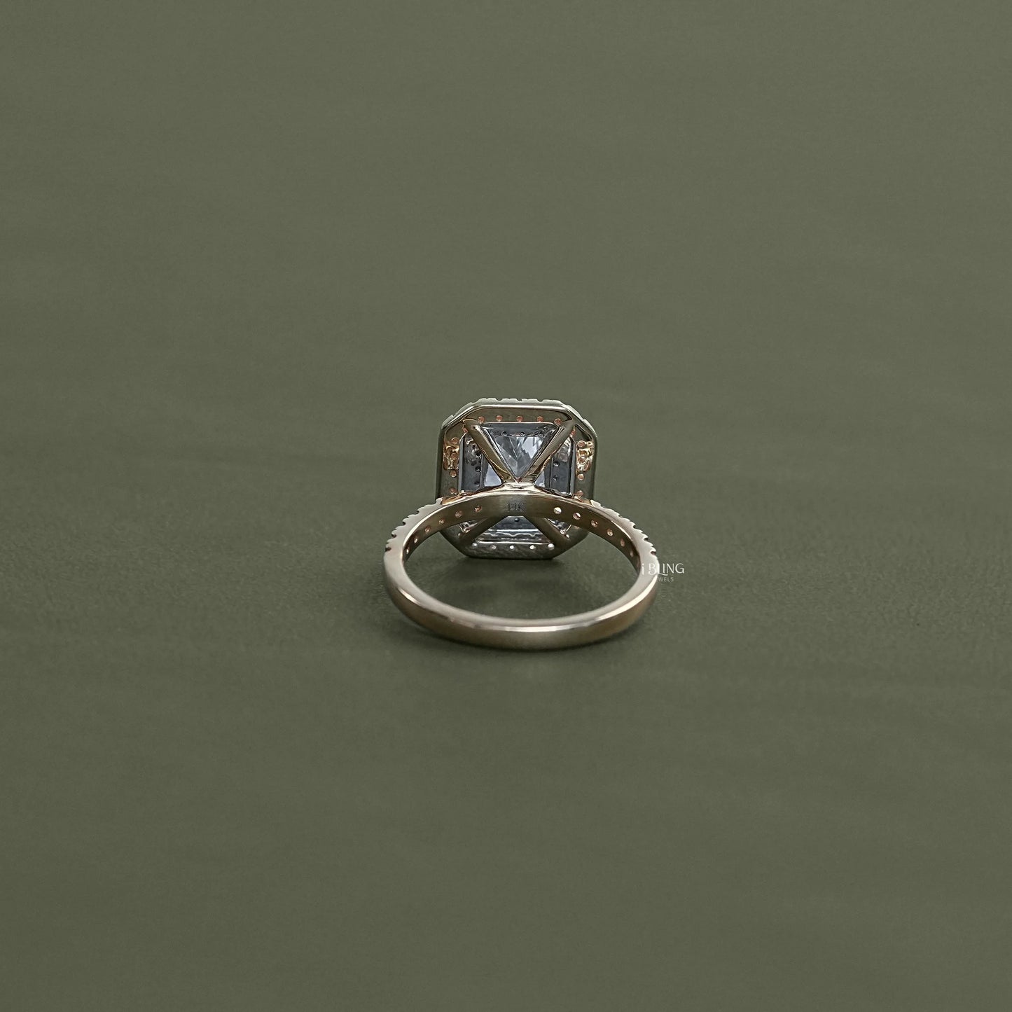 Back view of radiant halo lab diamond ring showing band details, crafted for modern bridal jewelry