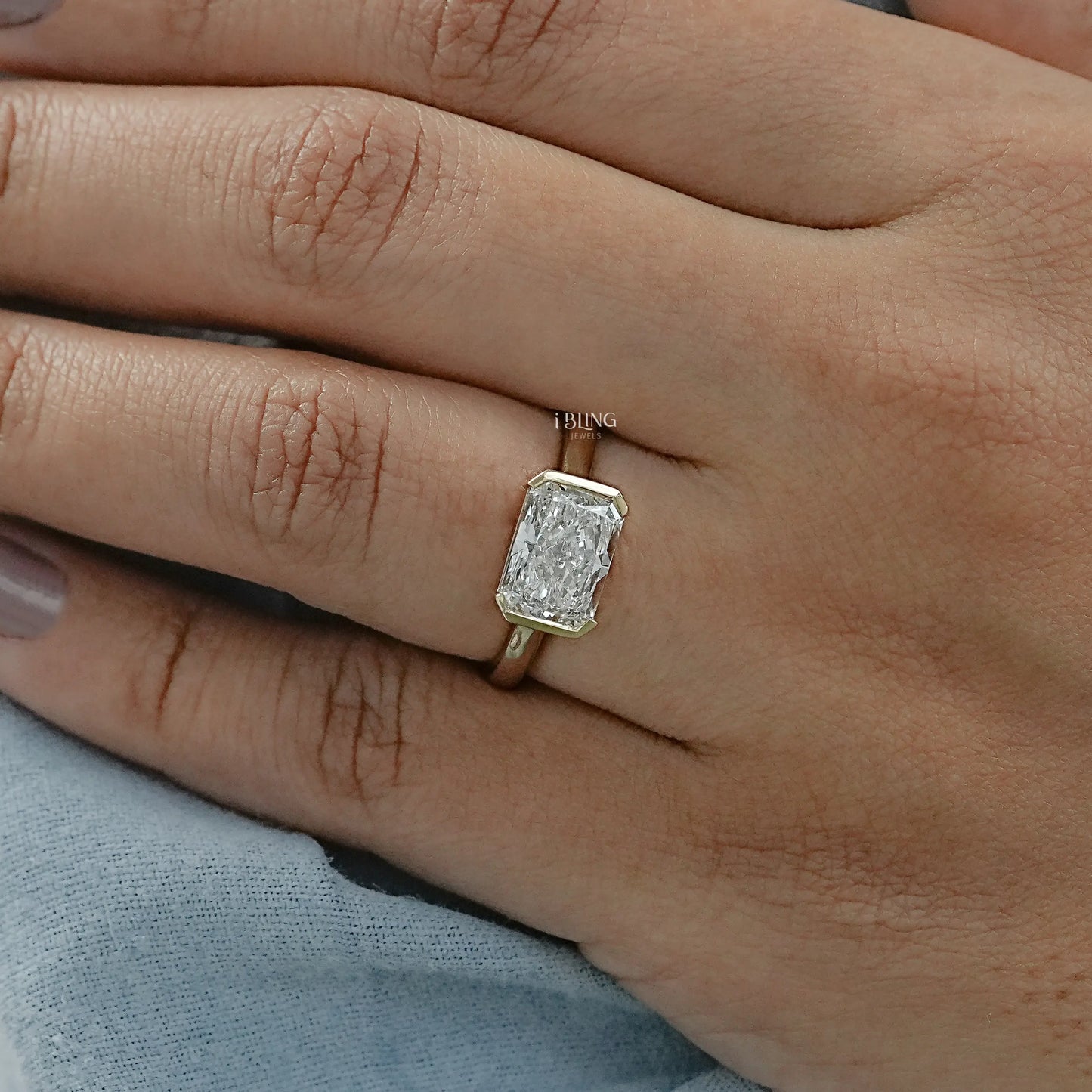 Radiant Cut East West Half Bezel Set Engagement Ring Solitaire Ring