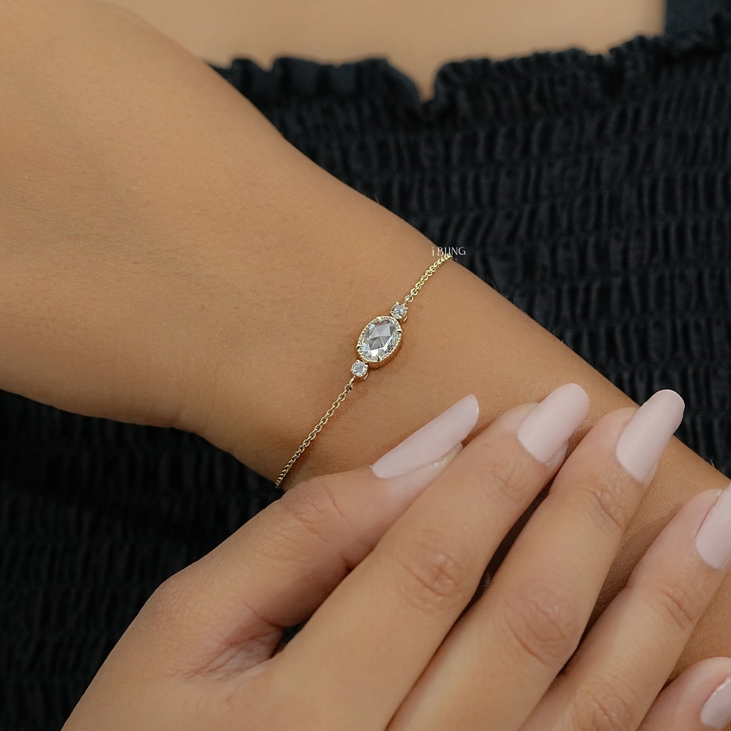 Three Stone Rose Cut Oval Diamond Bracelet Chain Bracelet