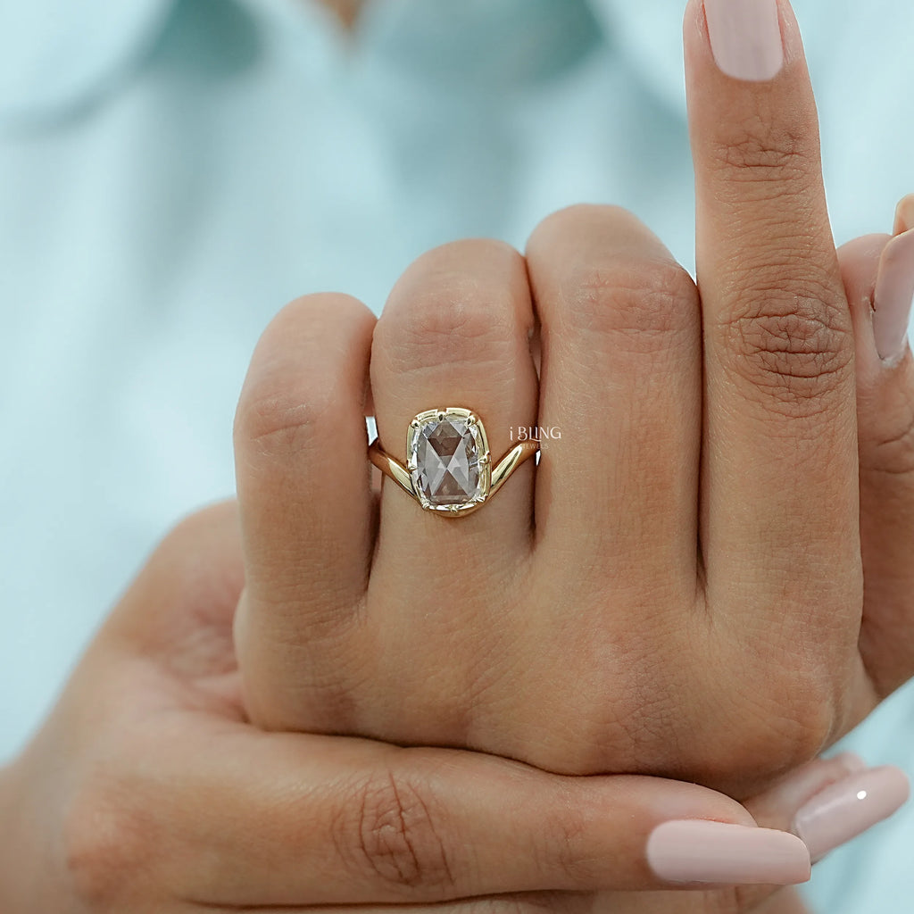 Rose Cut Elongated Cushion Curved Engagement Ring