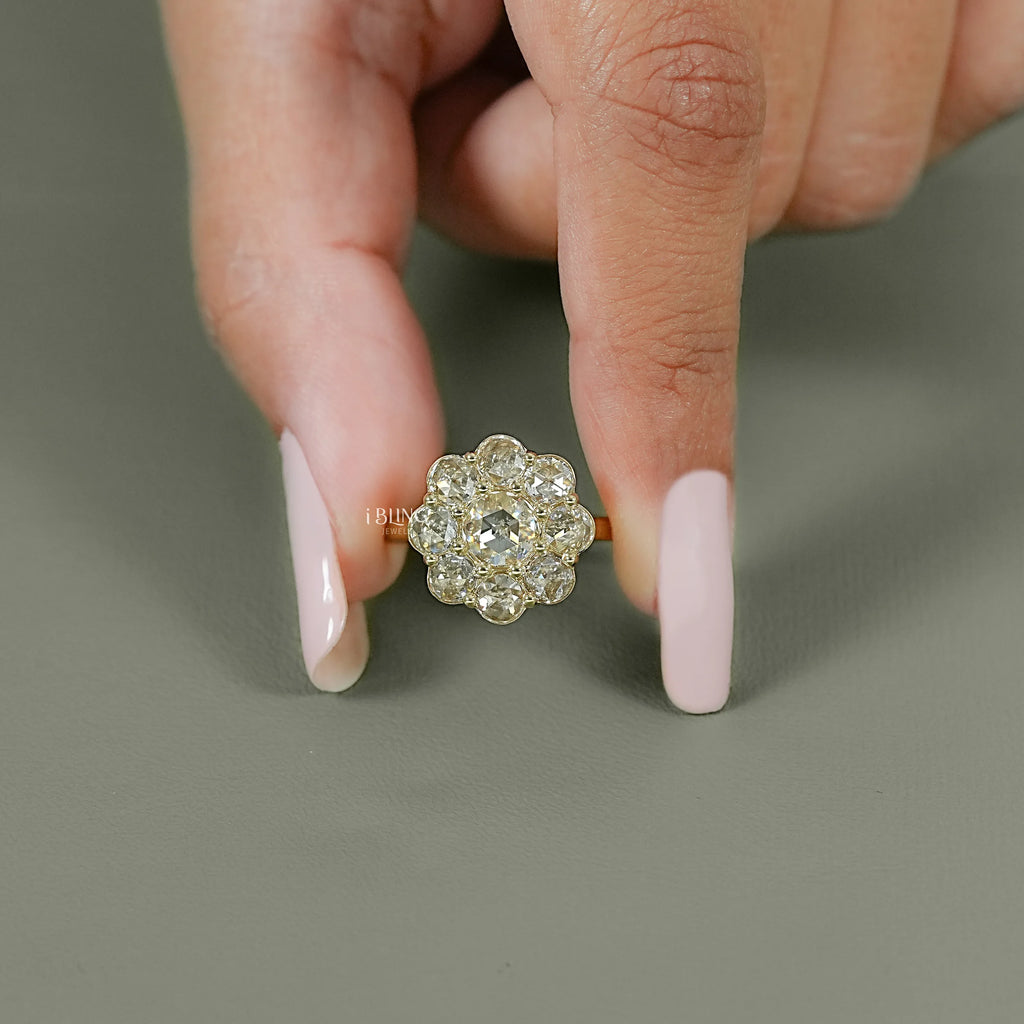 Rose Cut Round Diamond Halo Engagement Ring