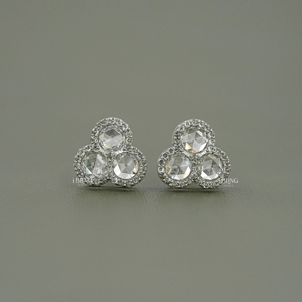 Three Stone Halo Stud Earrings