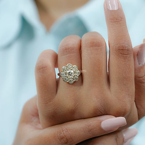 Rose Cut Round Diamond Halo Engagement Ring