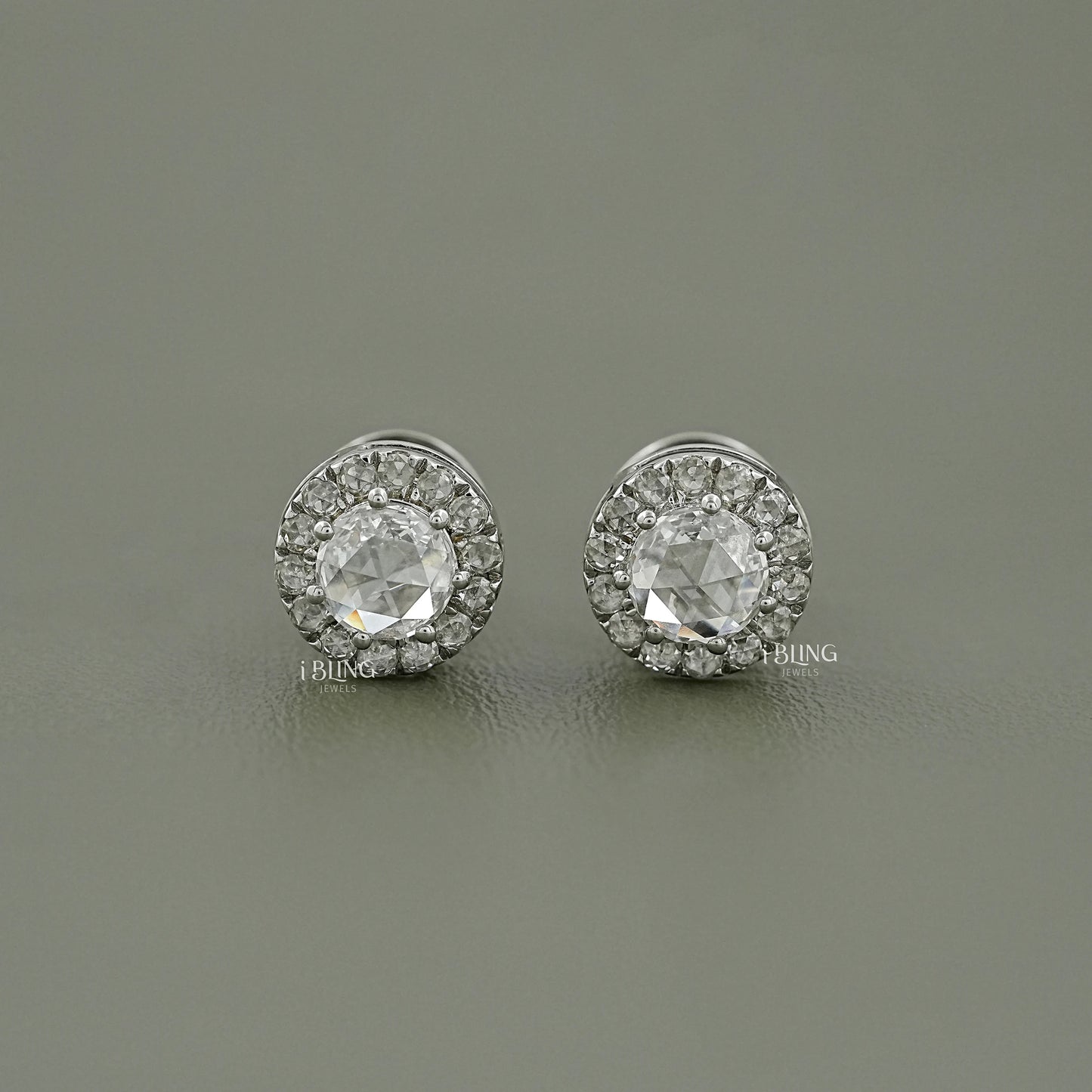Round Rose Cut Diamond Halo Stud Earrings Earrings