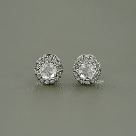 Round Rose Cut Diamond Halo Stud Earrings