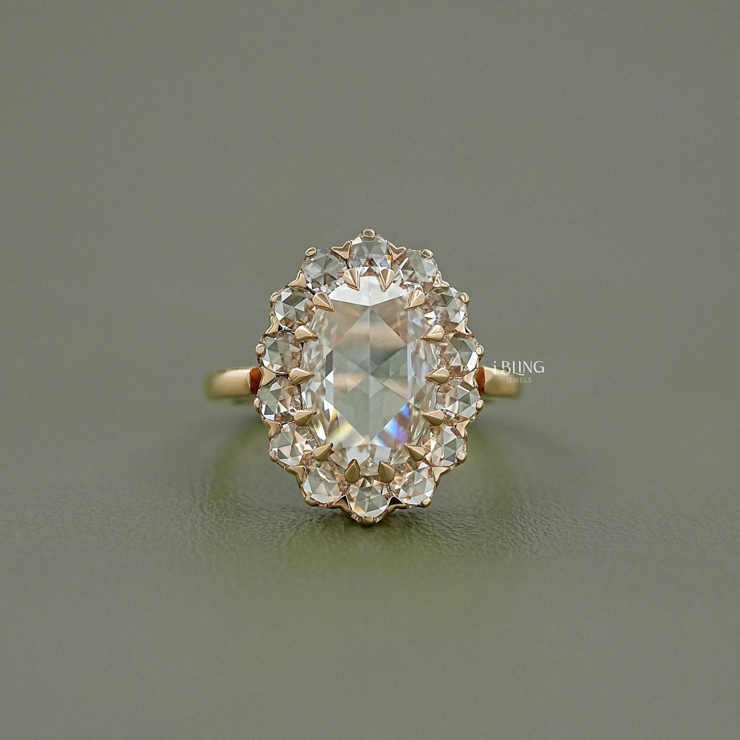 Rose Cut Oval Lab Diamond Halo Ring Solitaire Ring