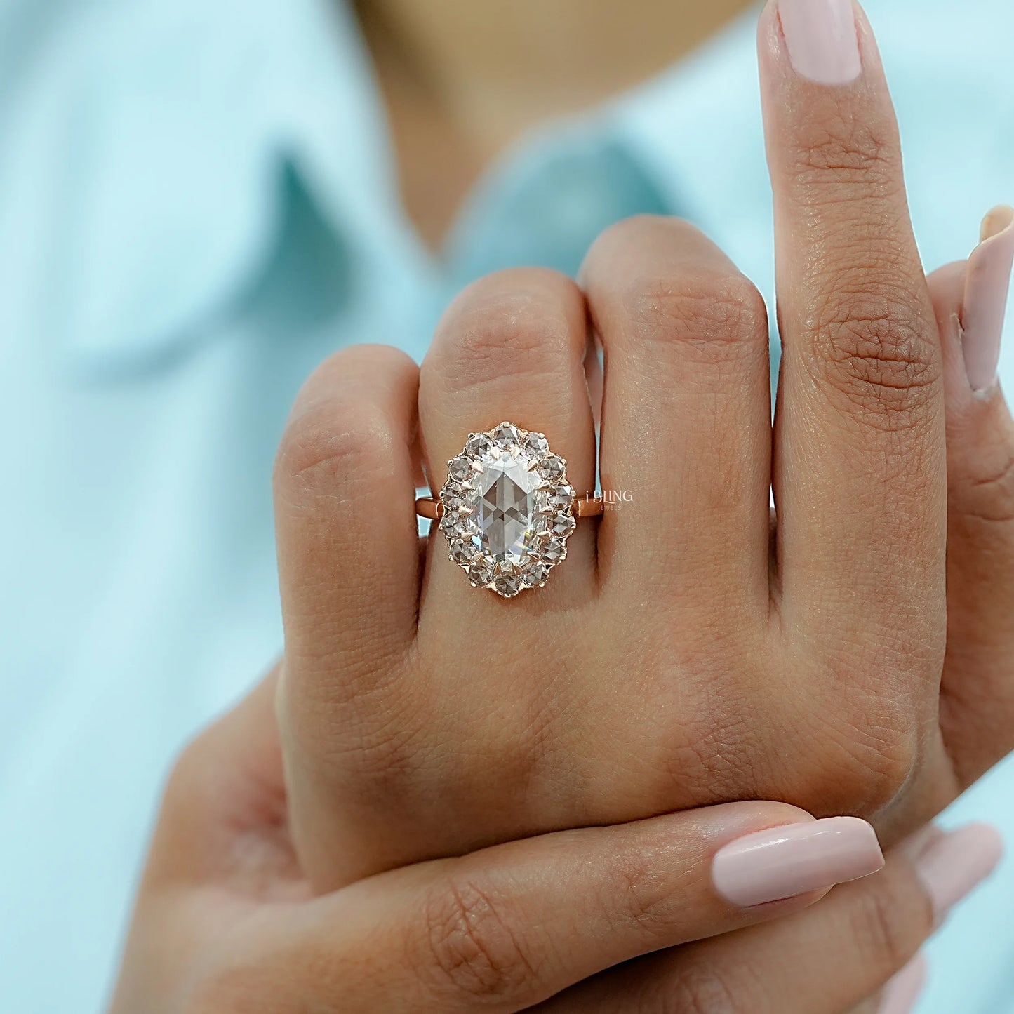 Rose Cut Oval Lab Diamond Halo Ring Solitaire Ring