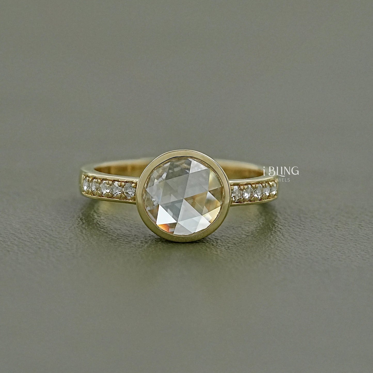 Bezel Set Rose Cut Round Accent Diamond Ring Solitaire Ring