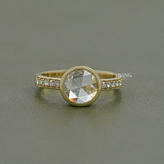 Bezel Set Rose Cut Round Accent Diamond Ring Solitaire Ring