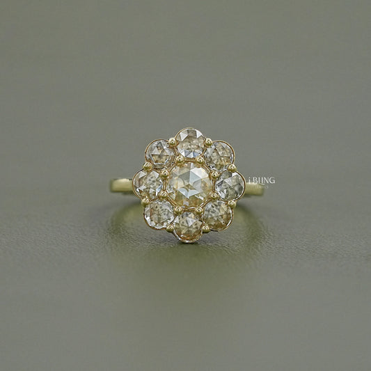 Rose Cut Round Diamond Halo Engagement Ring Solitaire Ring