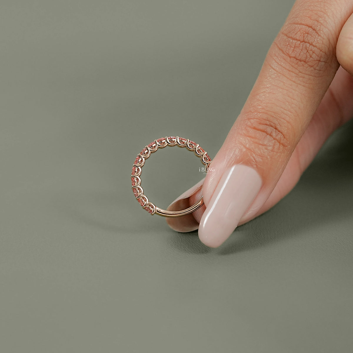 Pink Round Cut Lab Diamond Half Eternity Wedding Band Half Eternity