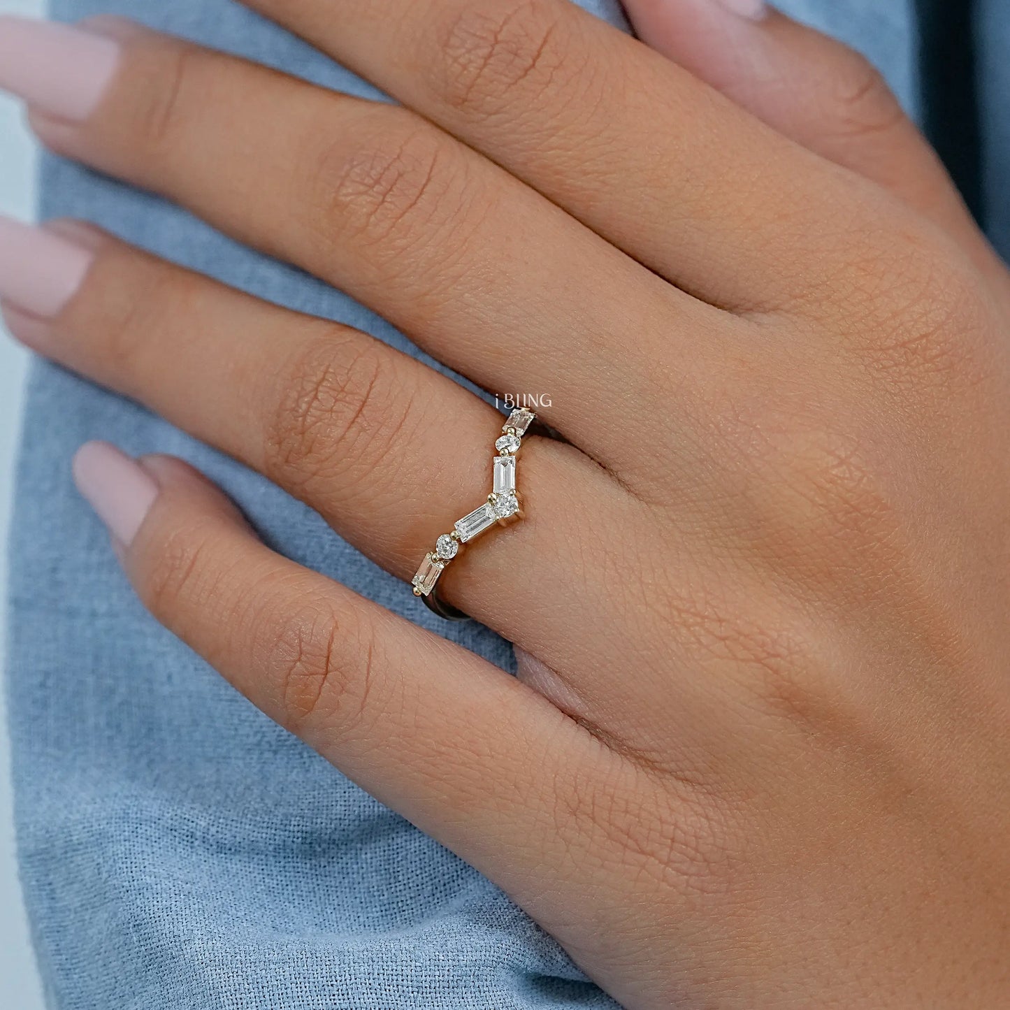 Round And Baguette Diamond V Shape Engagement Ring