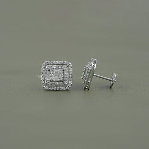 Round & Baguette Diamond Cluster Stud Earring