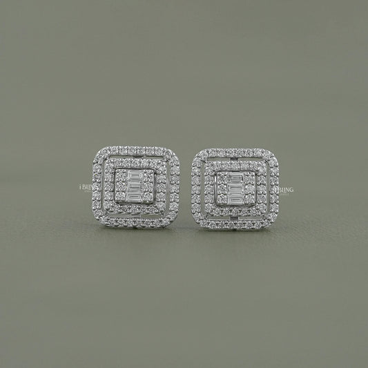 Round & Baguette Diamond Cluster Stud Earring