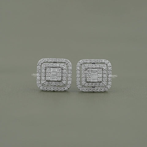 Round & Baguette Diamond Cluster Stud Earring