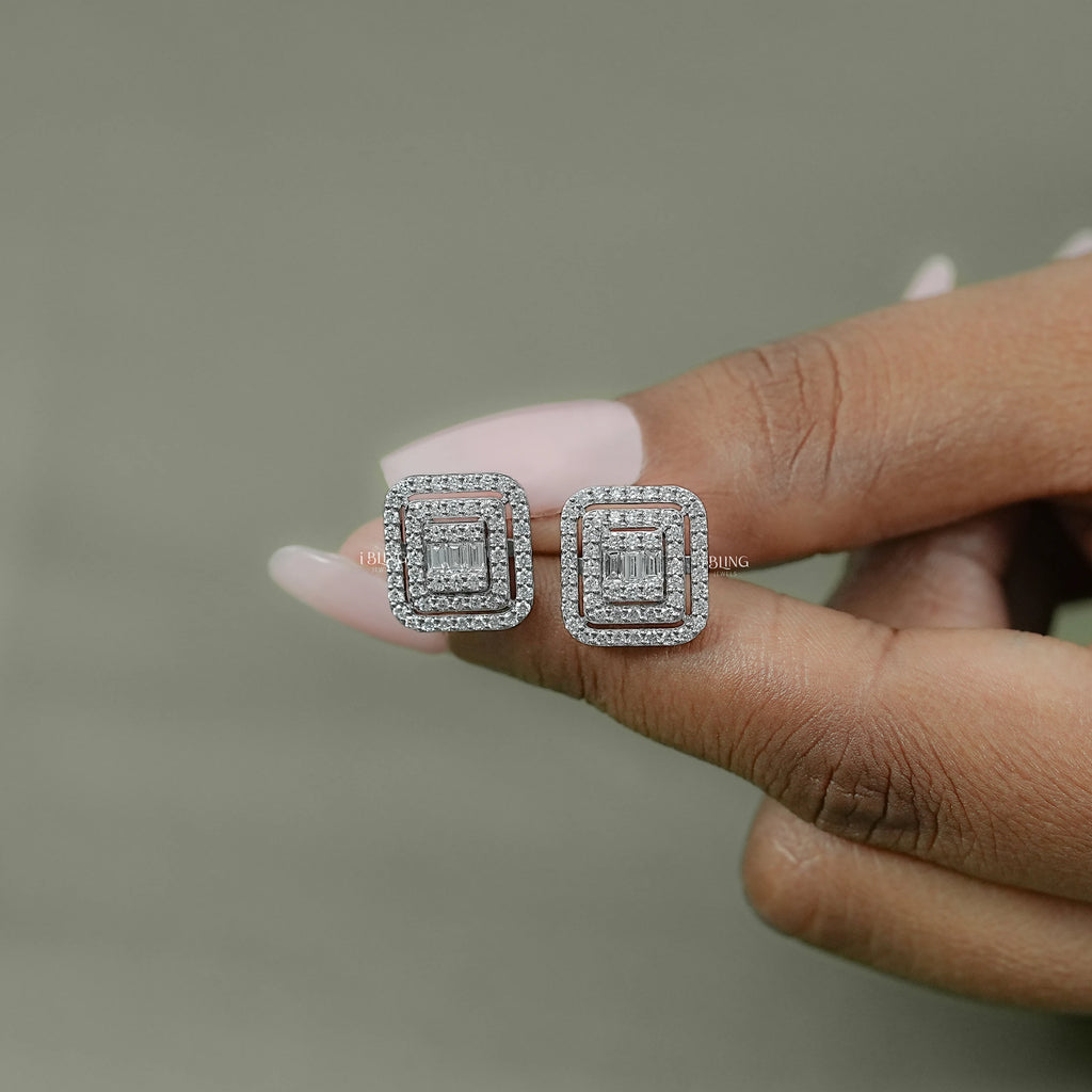 Round & Baguette Diamond Cluster Stud Earring
